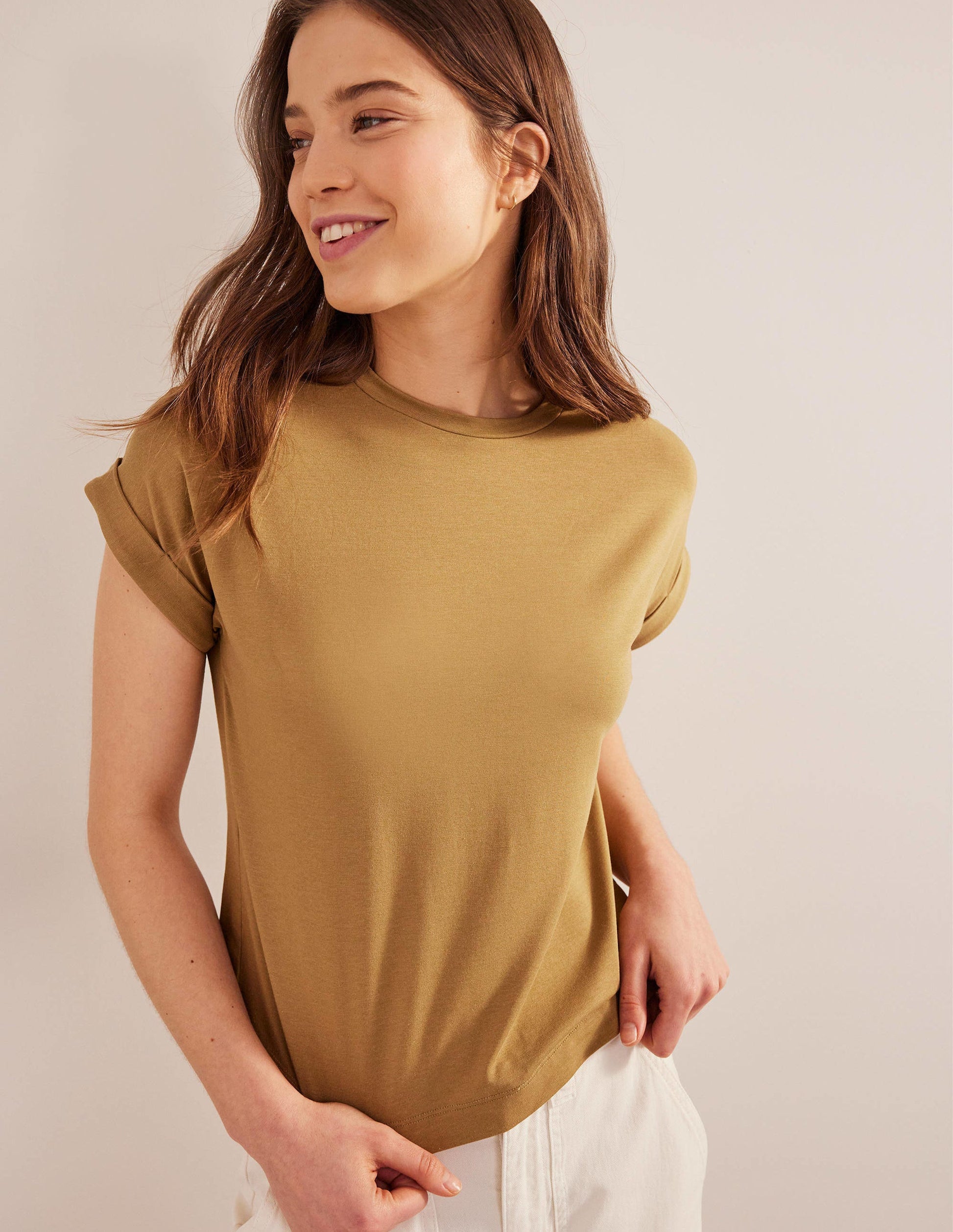 Turn Back Sleeve Crew T-Shirt-Camel-1