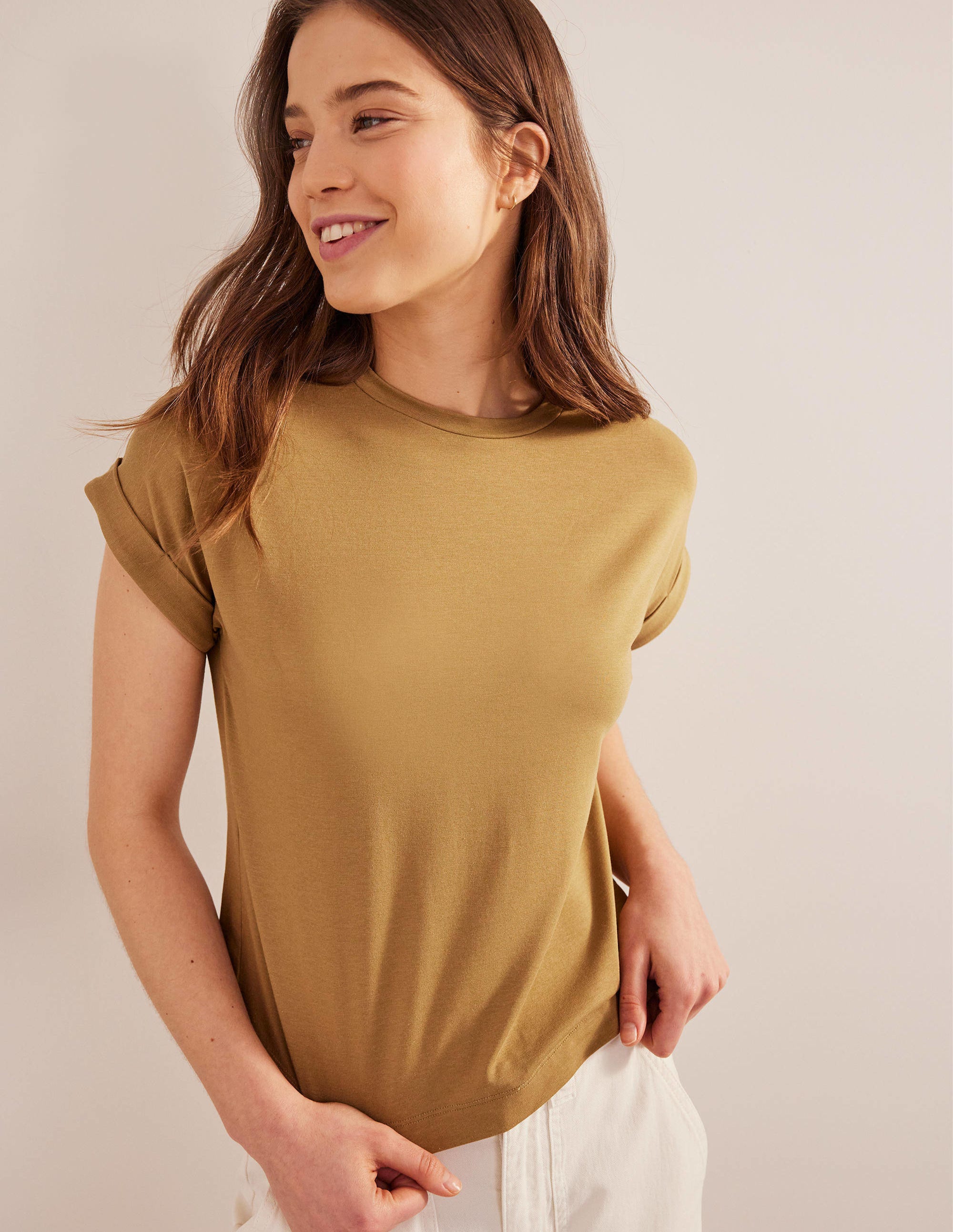 Turn Back Sleeve Crew T-Shirt-Camel - Image 1