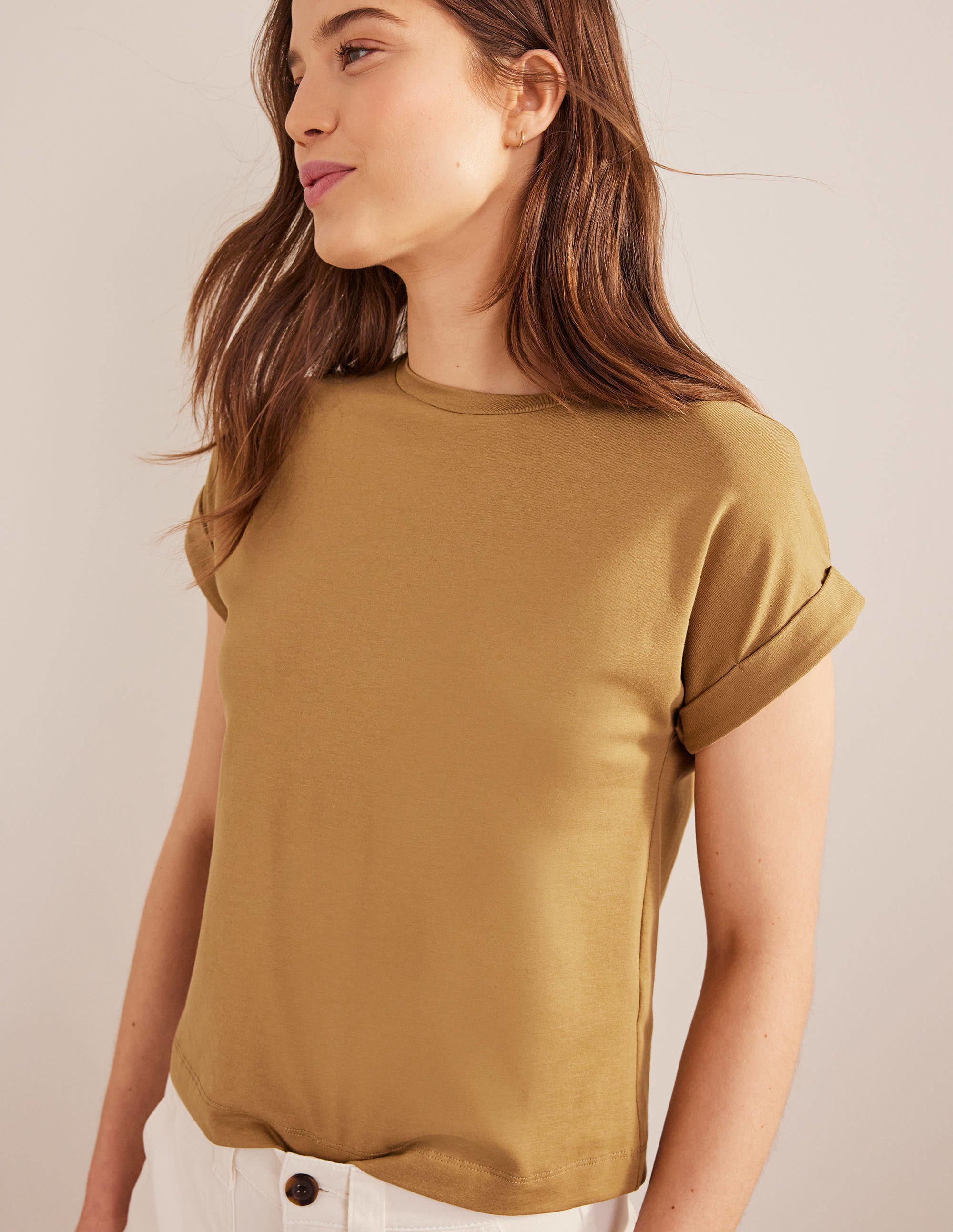 Turn Back Sleeve Crew T-Shirt-Camel - Image 4