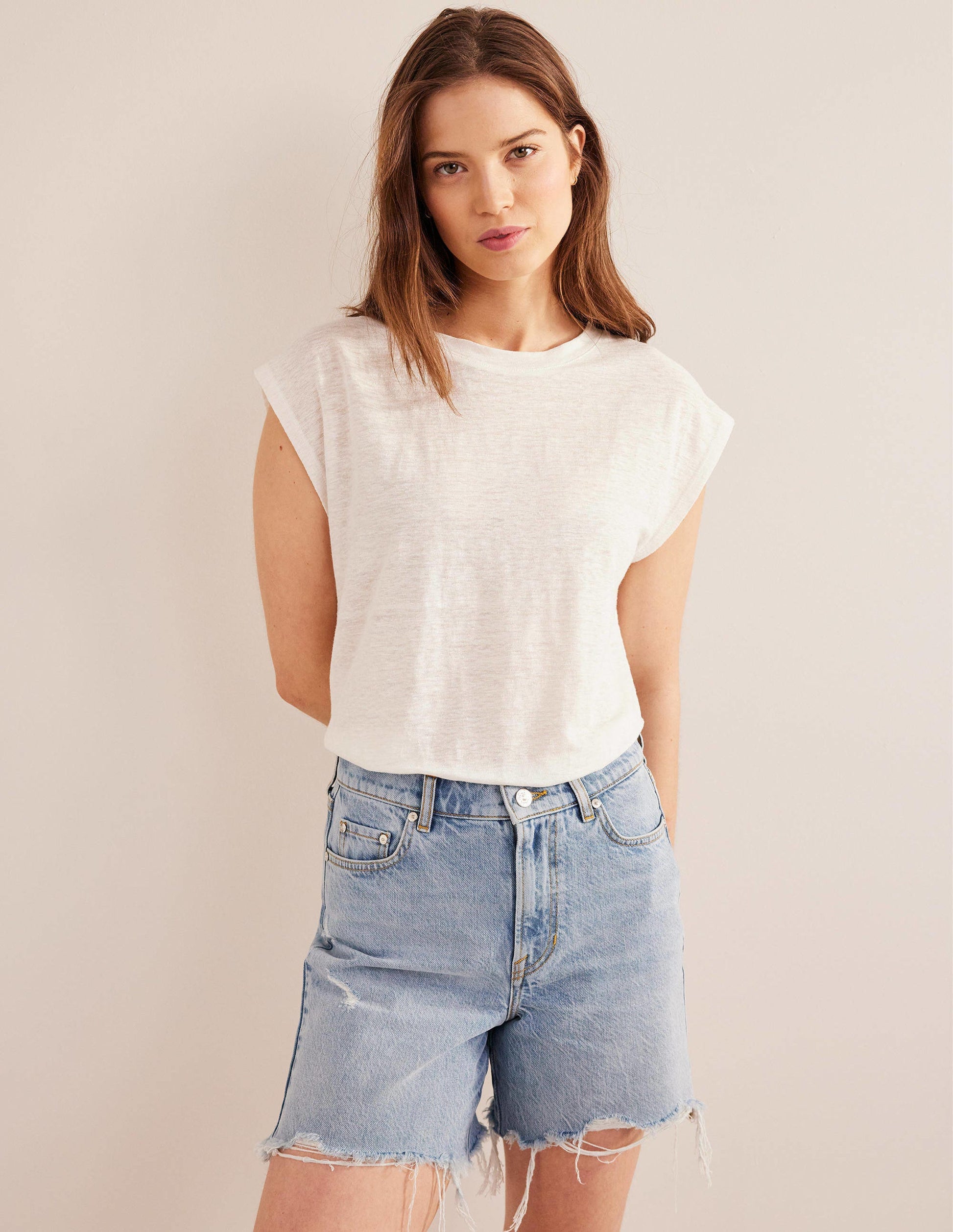 Crew Neck Linen T-shirt-Ivory-1