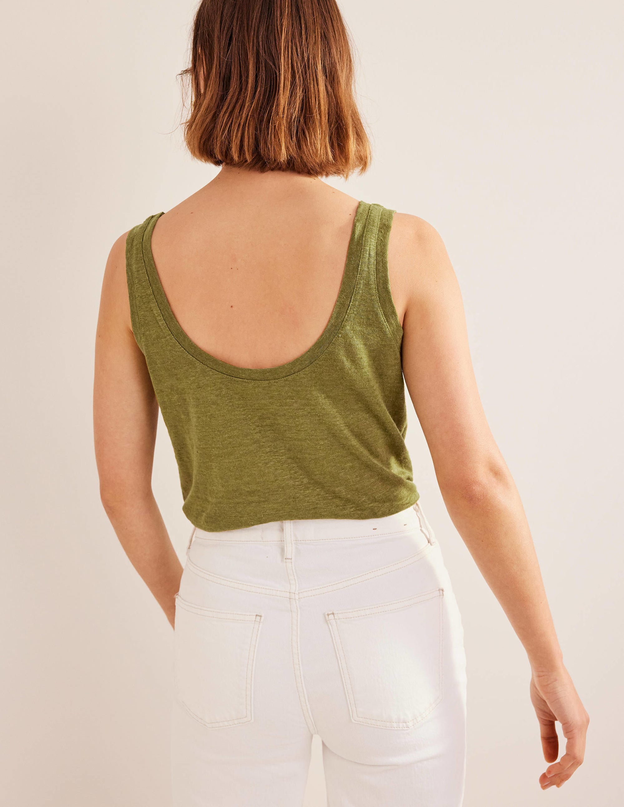 Scoop Neck Linen Tank Top-Sulphur Green - Image 3