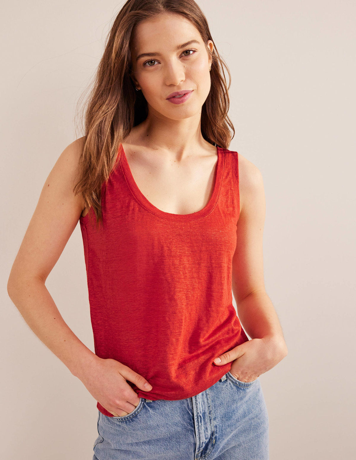 Scoop Neck Linen Tank Top-Tomato - Image 1