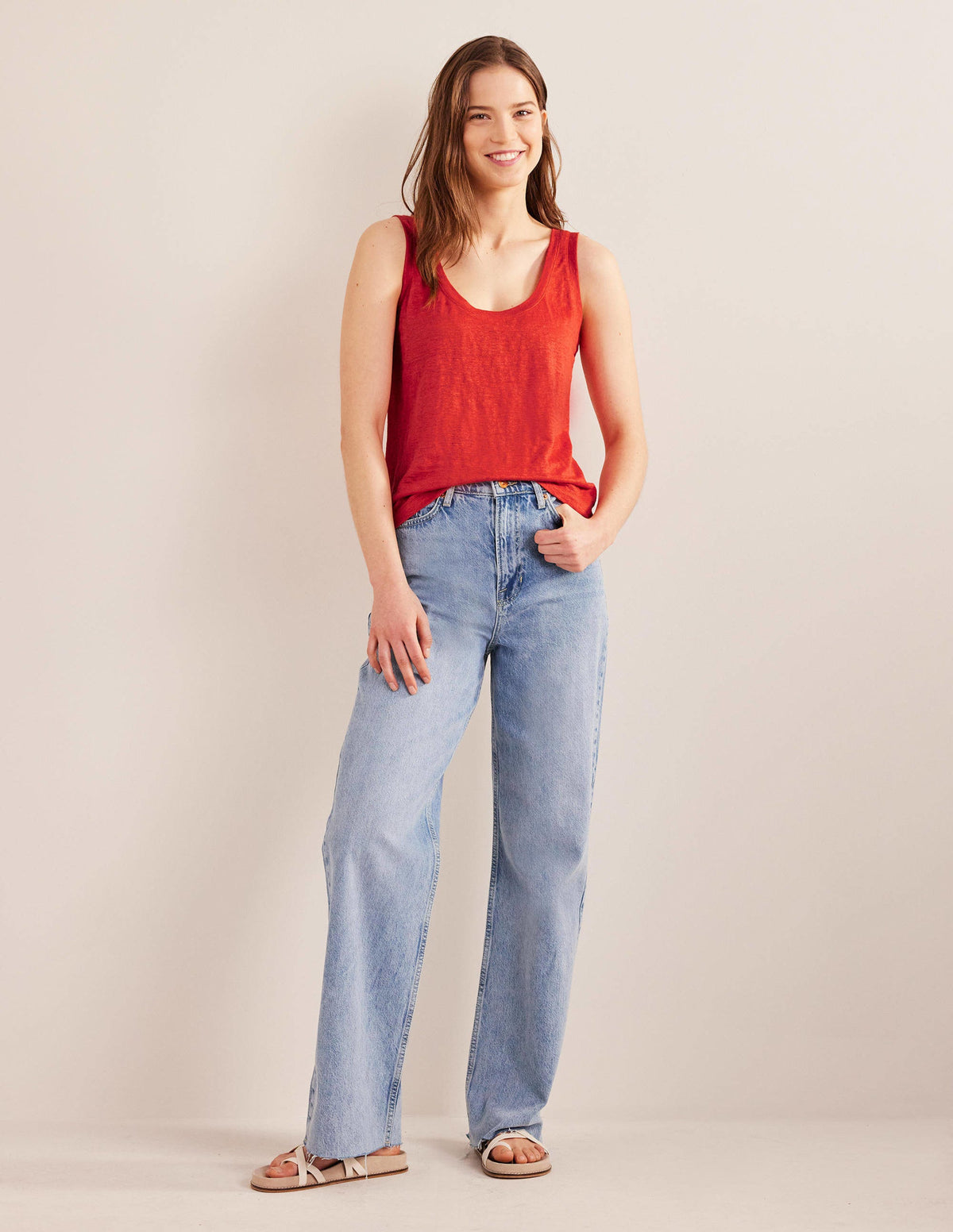 Scoop Neck Linen Tank Top-Tomato - Image 5