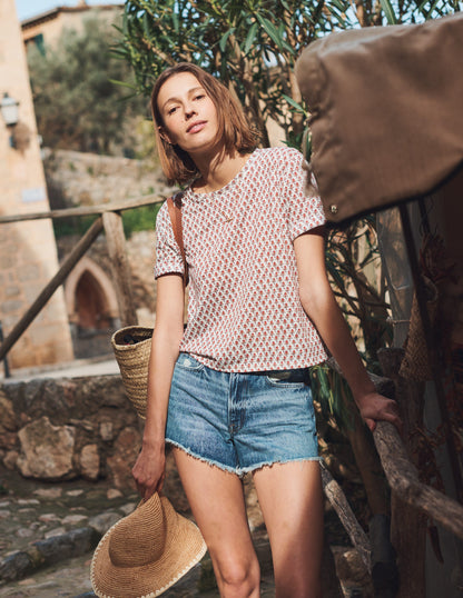 Printed Linen T-shirt-Ivory, Tulip Blush-5