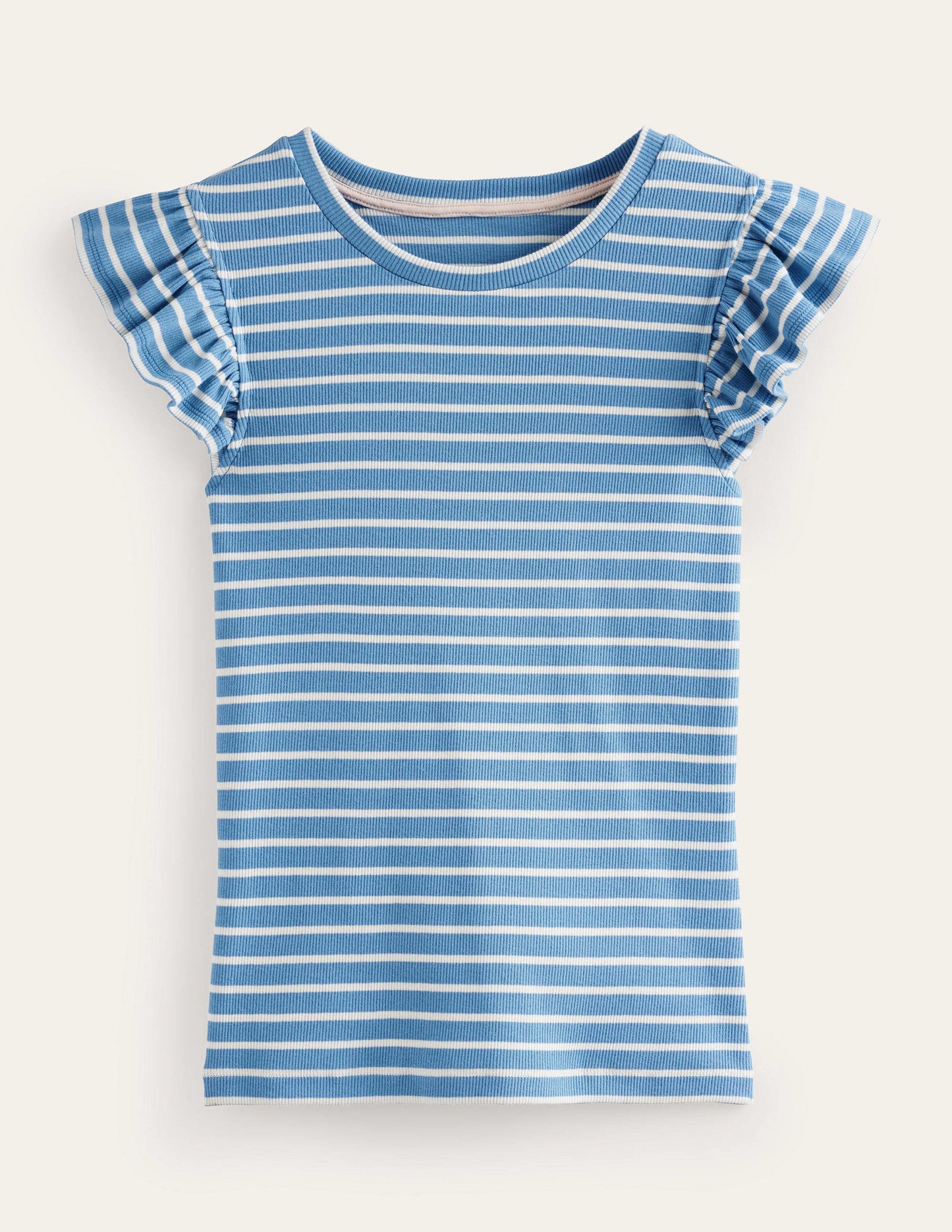 Crew Neck Ribbed Flutter Top-Blue/ Ivory Stripe