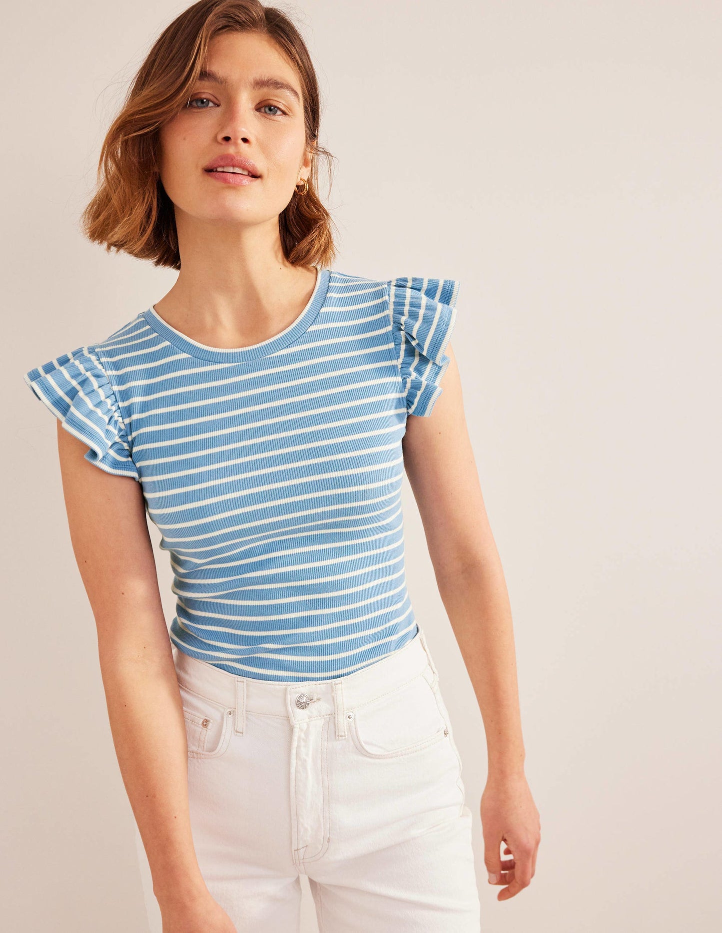 Crew Neck Ribbed Flutter Top-Blue/ Ivory Stripe