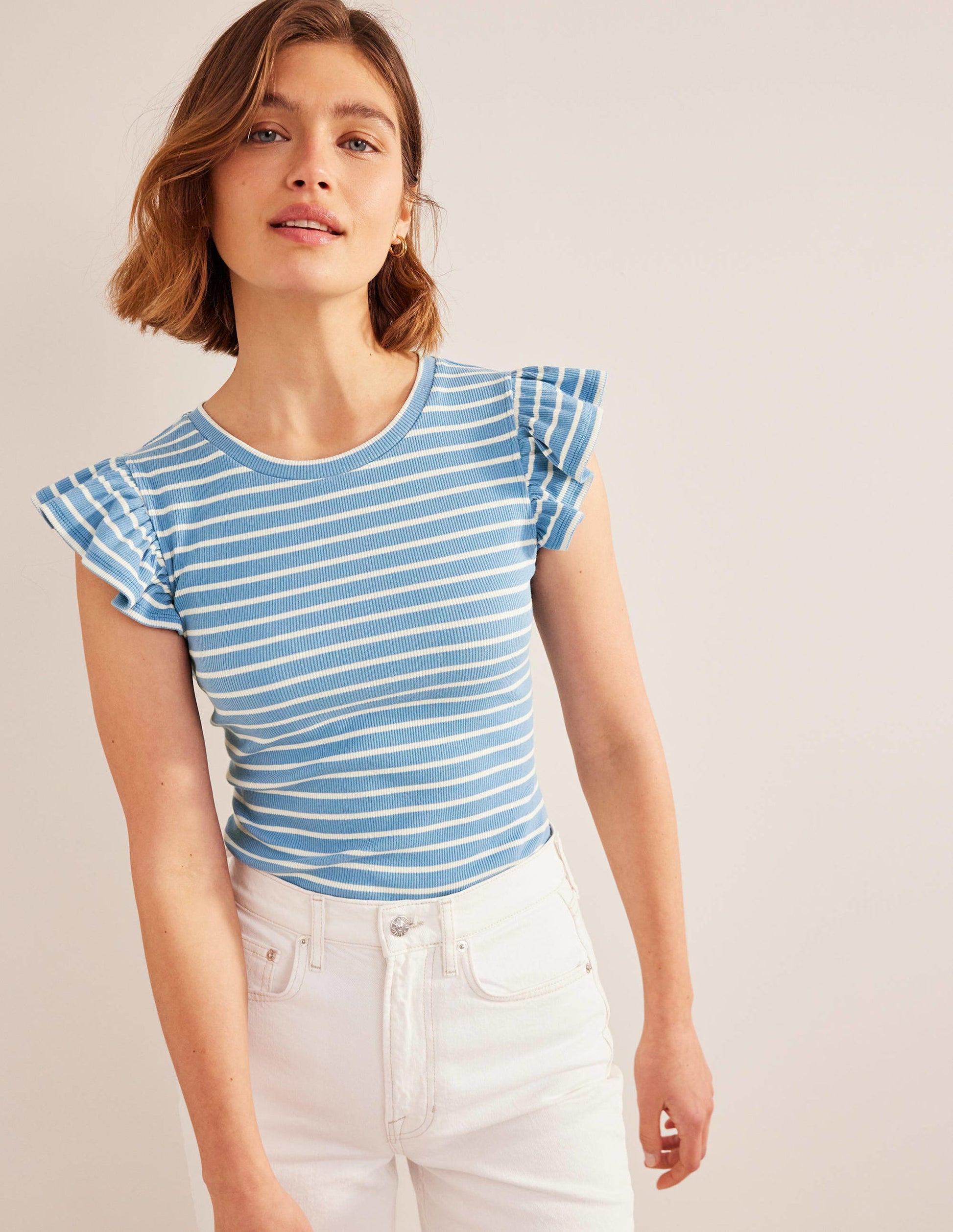Crew Neck Ribbed Flutter Top-Blue/ Ivory Stripe-1