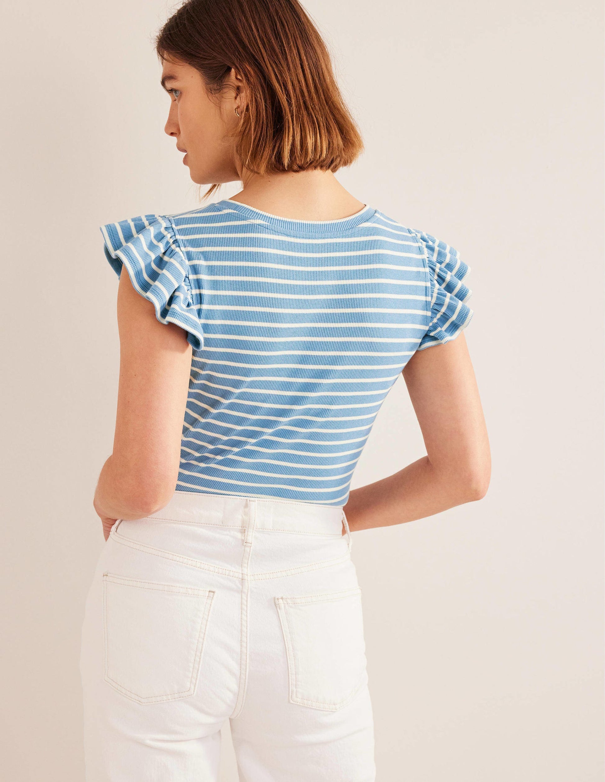 Crew Neck Ribbed Flutter Top-Blue/ Ivory Stripe-3