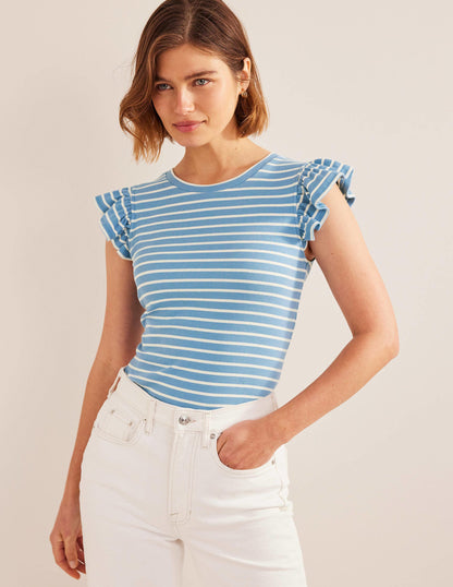 Crew Neck Ribbed Flutter Top-Blue/ Ivory Stripe-4