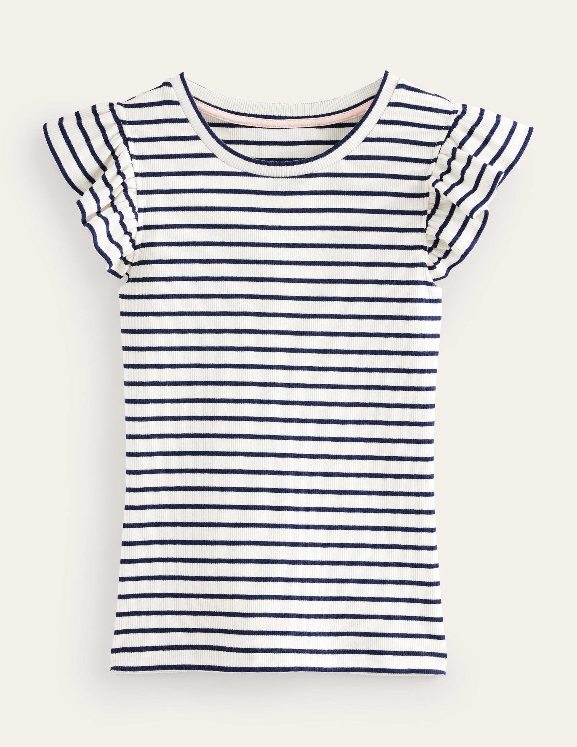 Crew Neck Ribbed Flutter Top-Ivory/ Navy Stripe-5