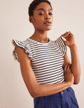 Crew Neck Ribbed Flutter Top-Ivory/ Navy Stripe