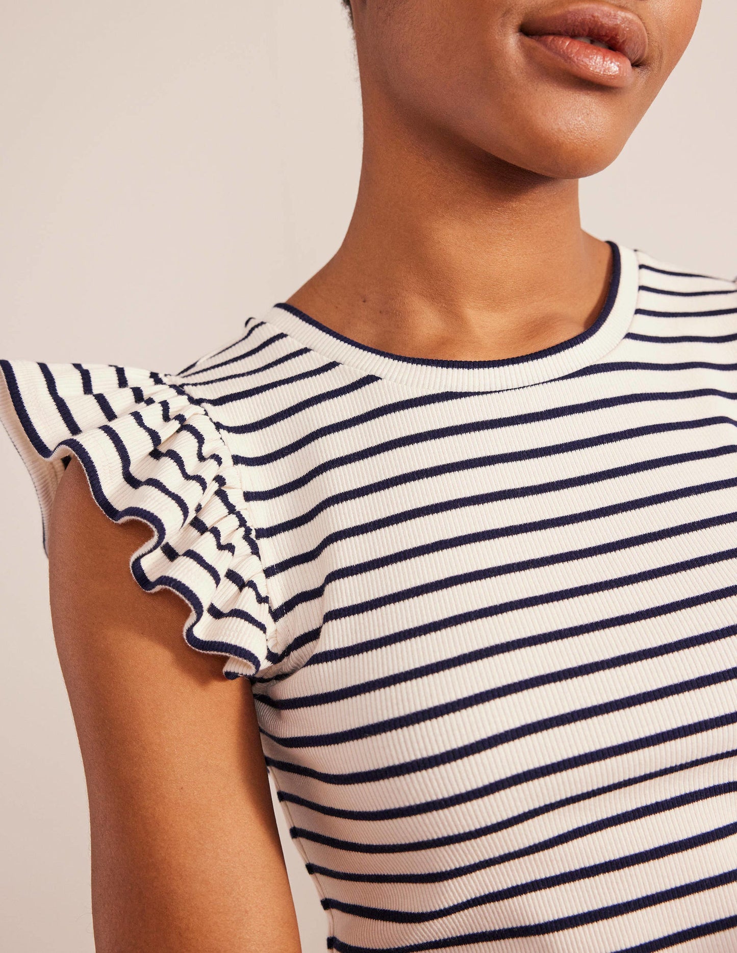 Crew Neck Ribbed Flutter Top-Ivory/ Navy Stripe
