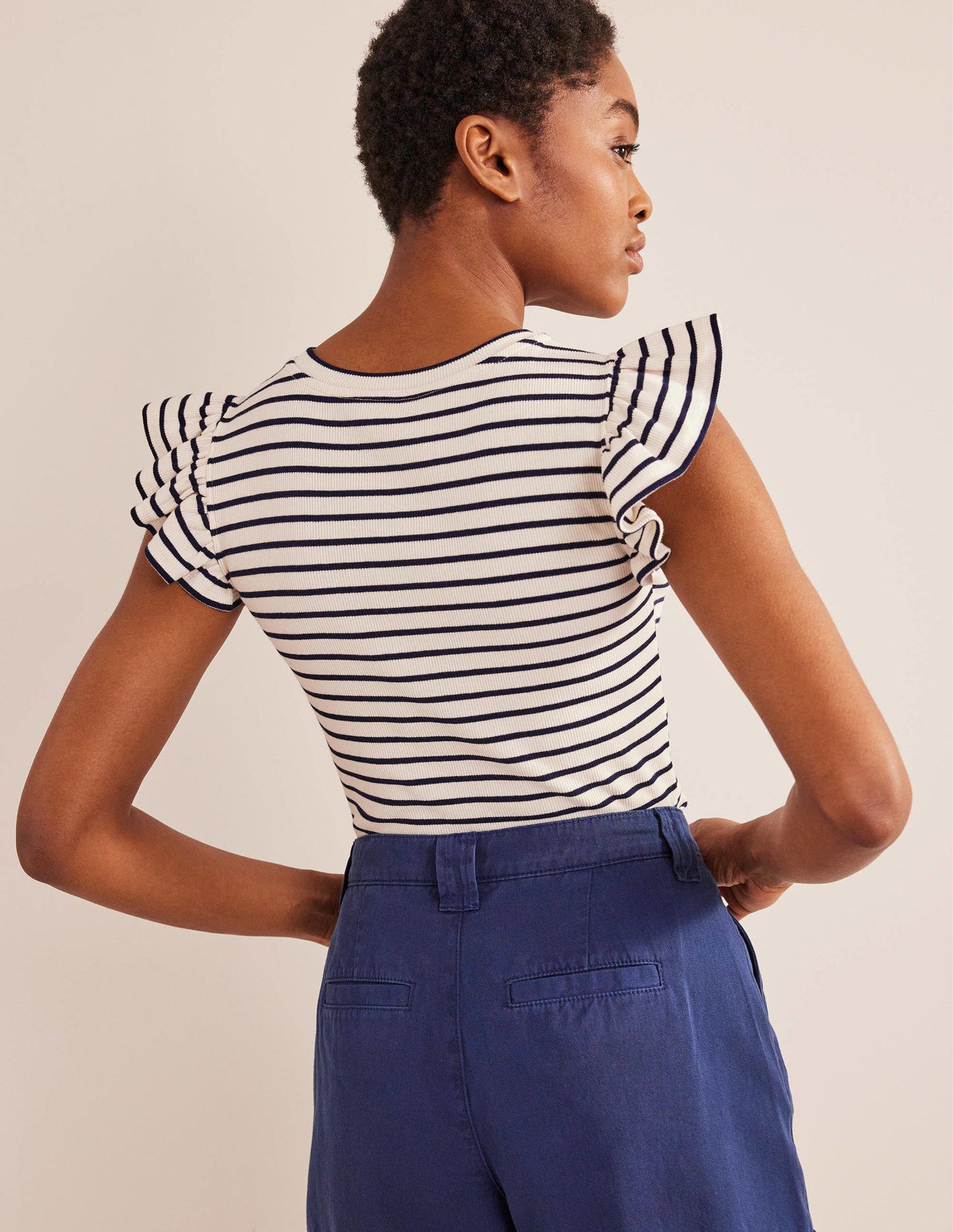Crew Neck Ribbed Flutter Top-Ivory/ Navy Stripe