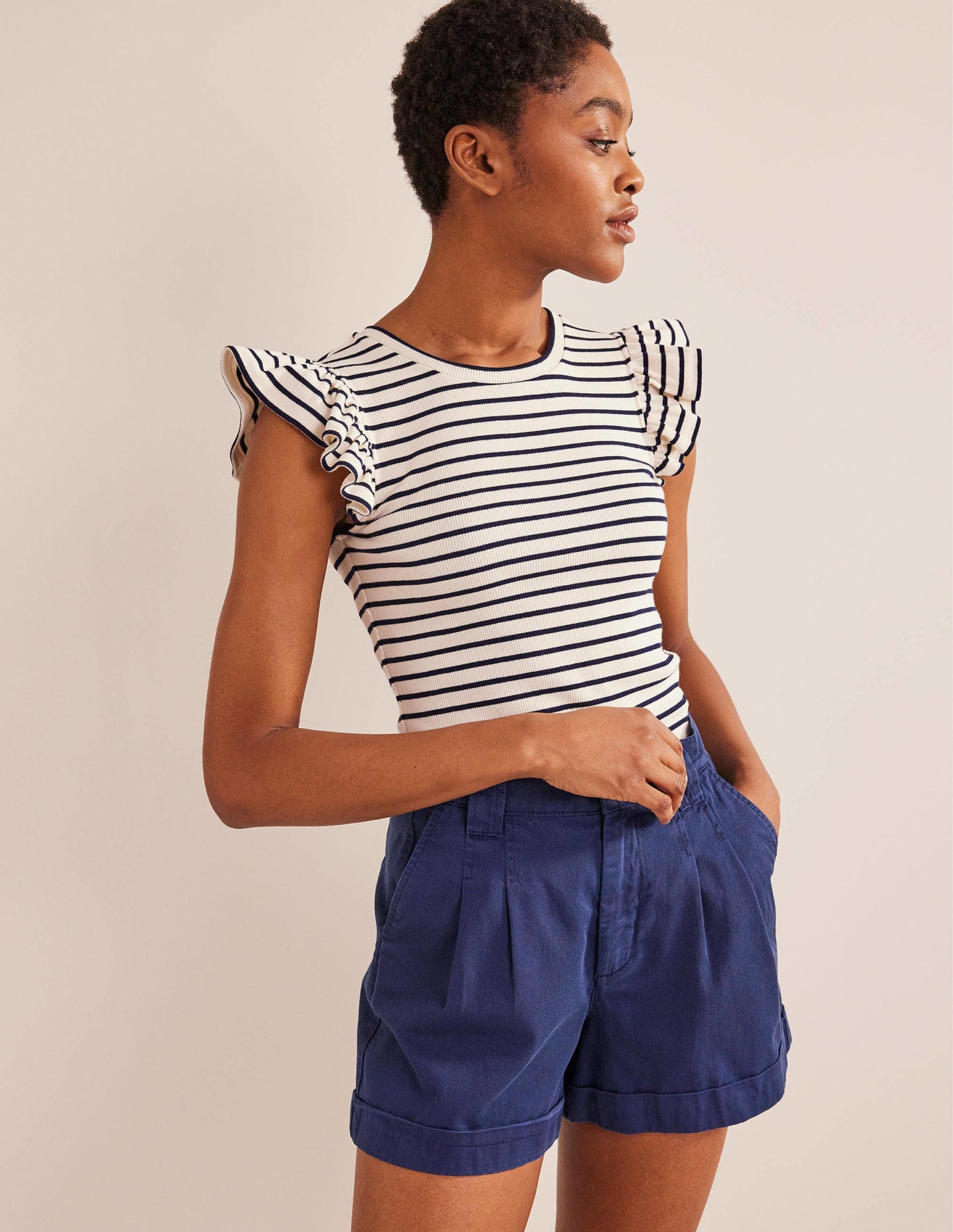 Crew Neck Ribbed Flutter Top-Ivory/ Navy Stripe
