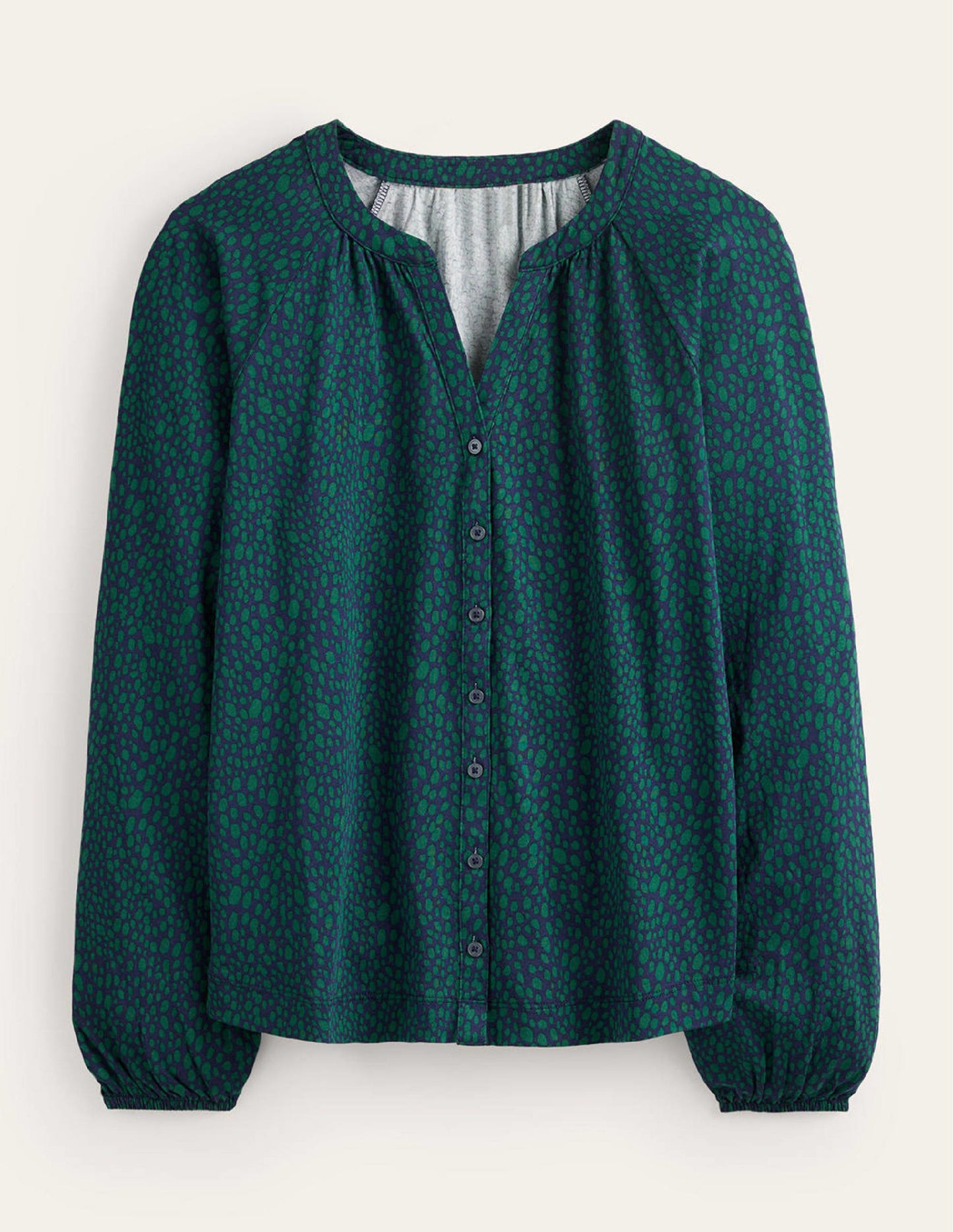 Printed Gather-Detail Shirt-Amazon Green , Animal Spot