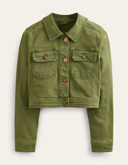 Cropped Casual Cotton Jacket-Green-5