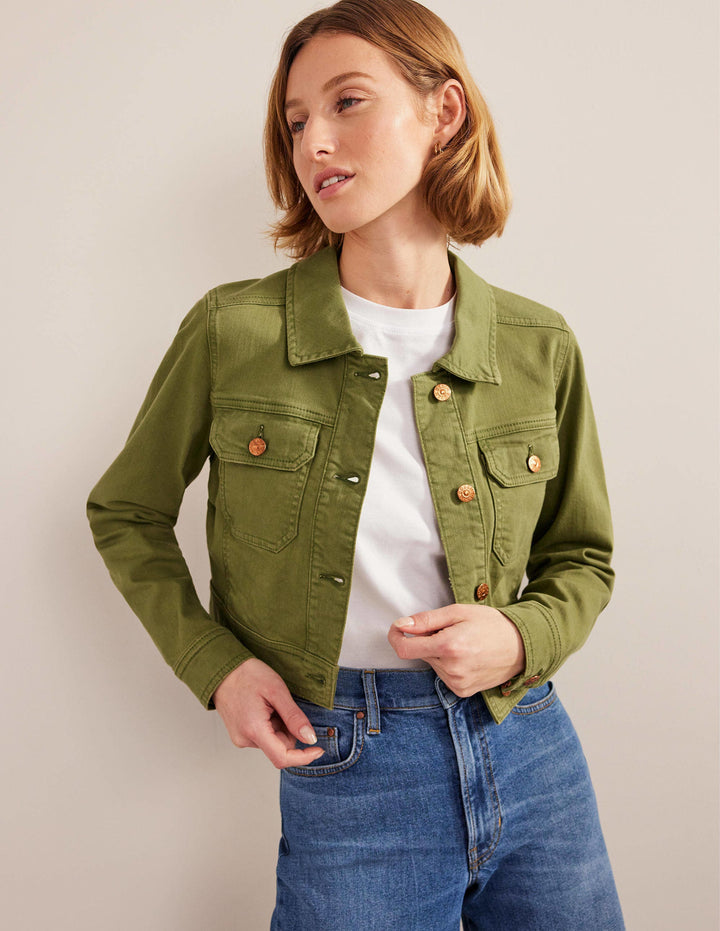 Cropped Casual Cotton Jacket-Green