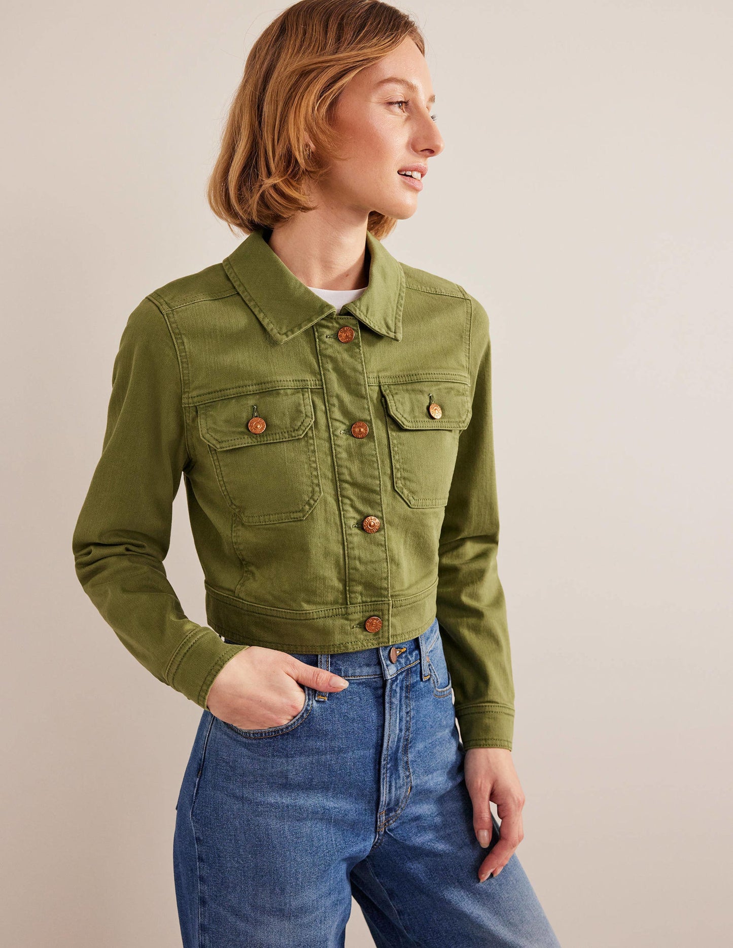 Cropped Casual Cotton Jacket-Green