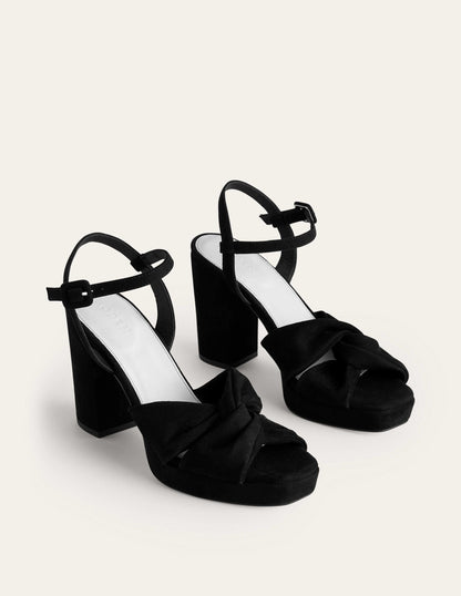 Twist-Front Heeled Platforms-Black Suede