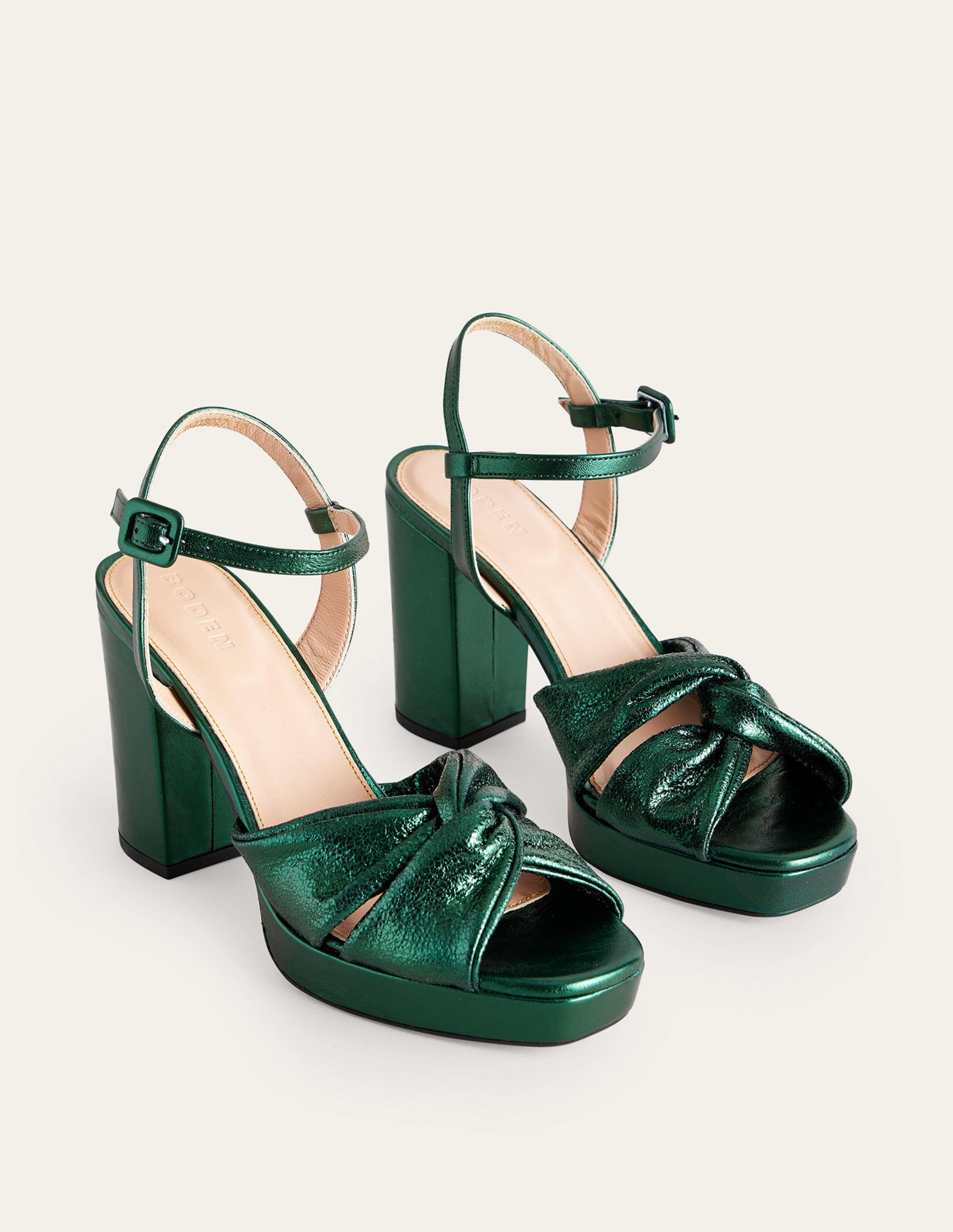 Twist-Front Heeled Platforms-Winter Green Metallic Leather - Image 3