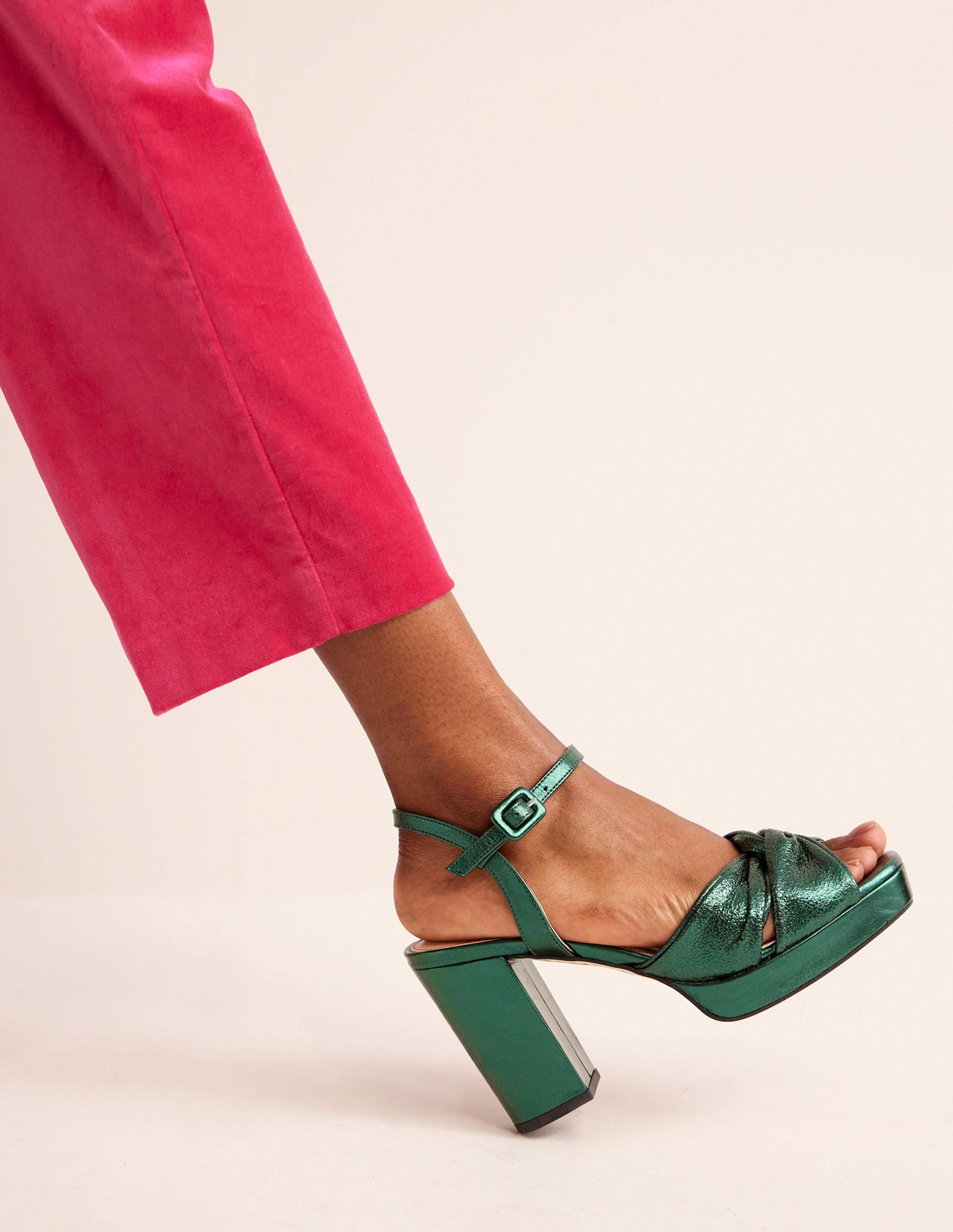 Twist-Front Heeled Platforms-Winter Green Metallic Leather - Image 1