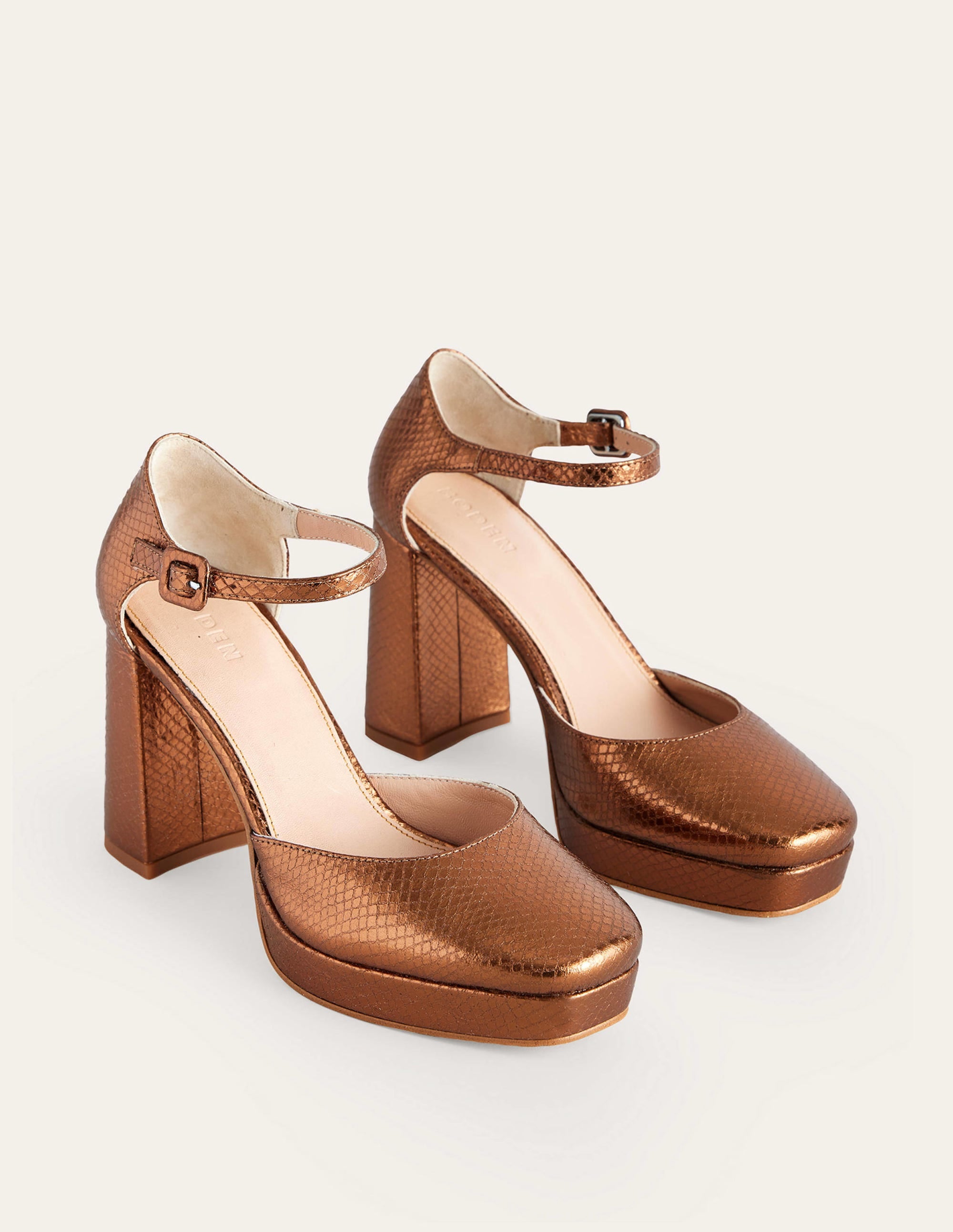 Closed-Toe Heeled Platforms-Bronze Metallic Snake - Image 3