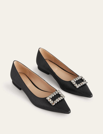 Jewelled-Buckle Flats-Black Metallic