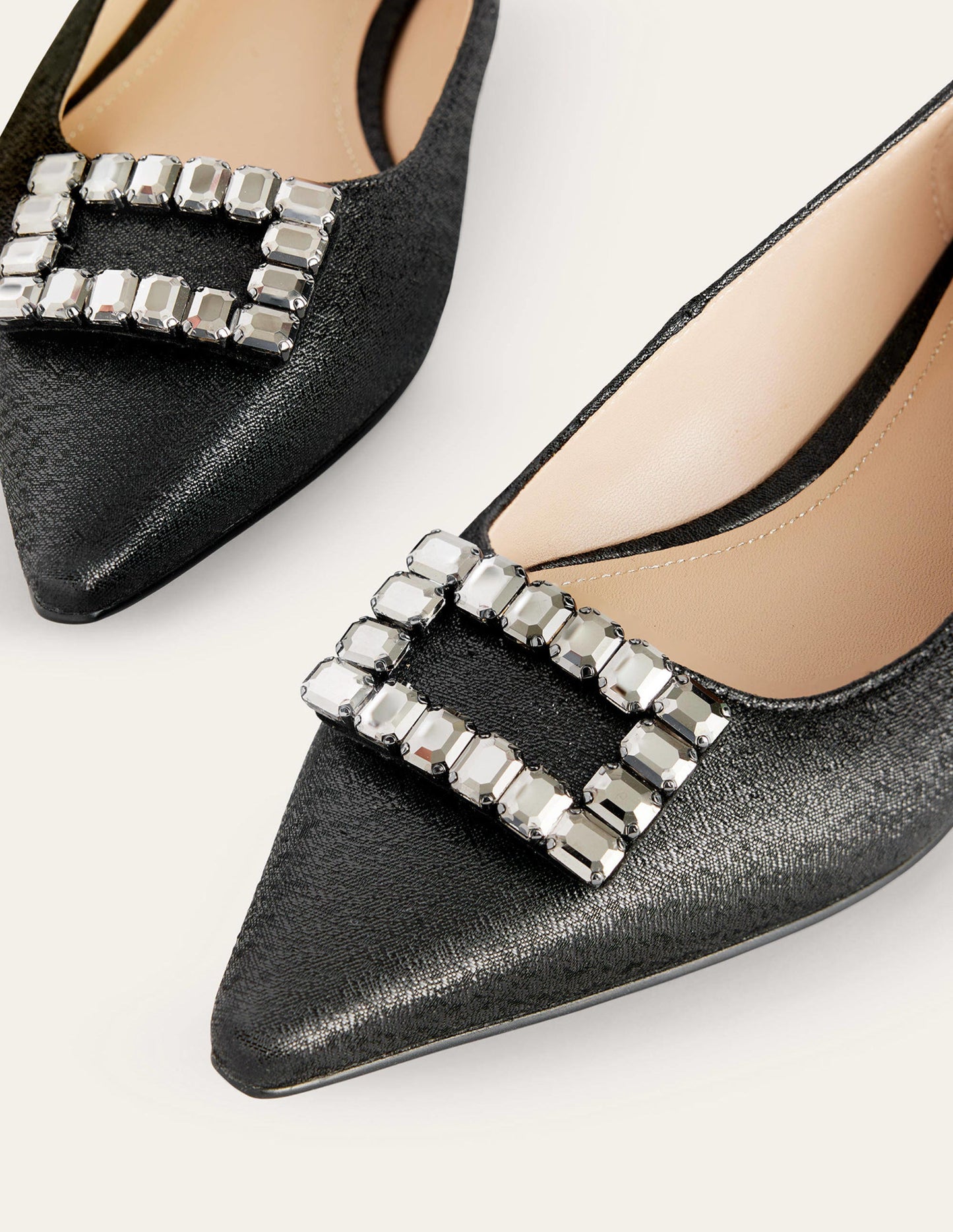 Jewelled-Buckle Flats-Black Metallic