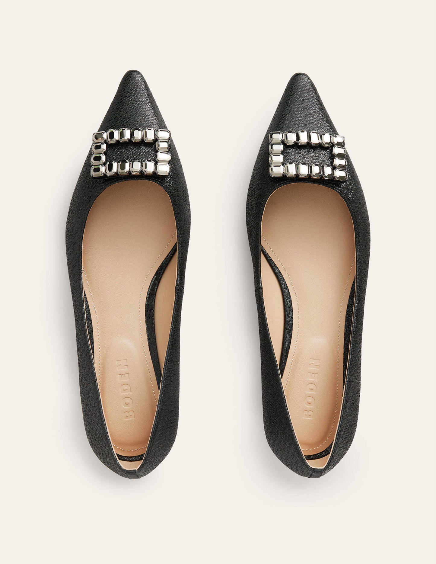 Jewelled-Buckle Flats-Black Metallic