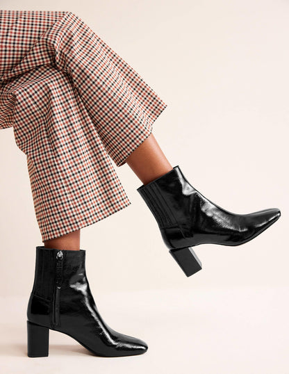 Block-Heel Leather Ankle Boots-Black Patent-1