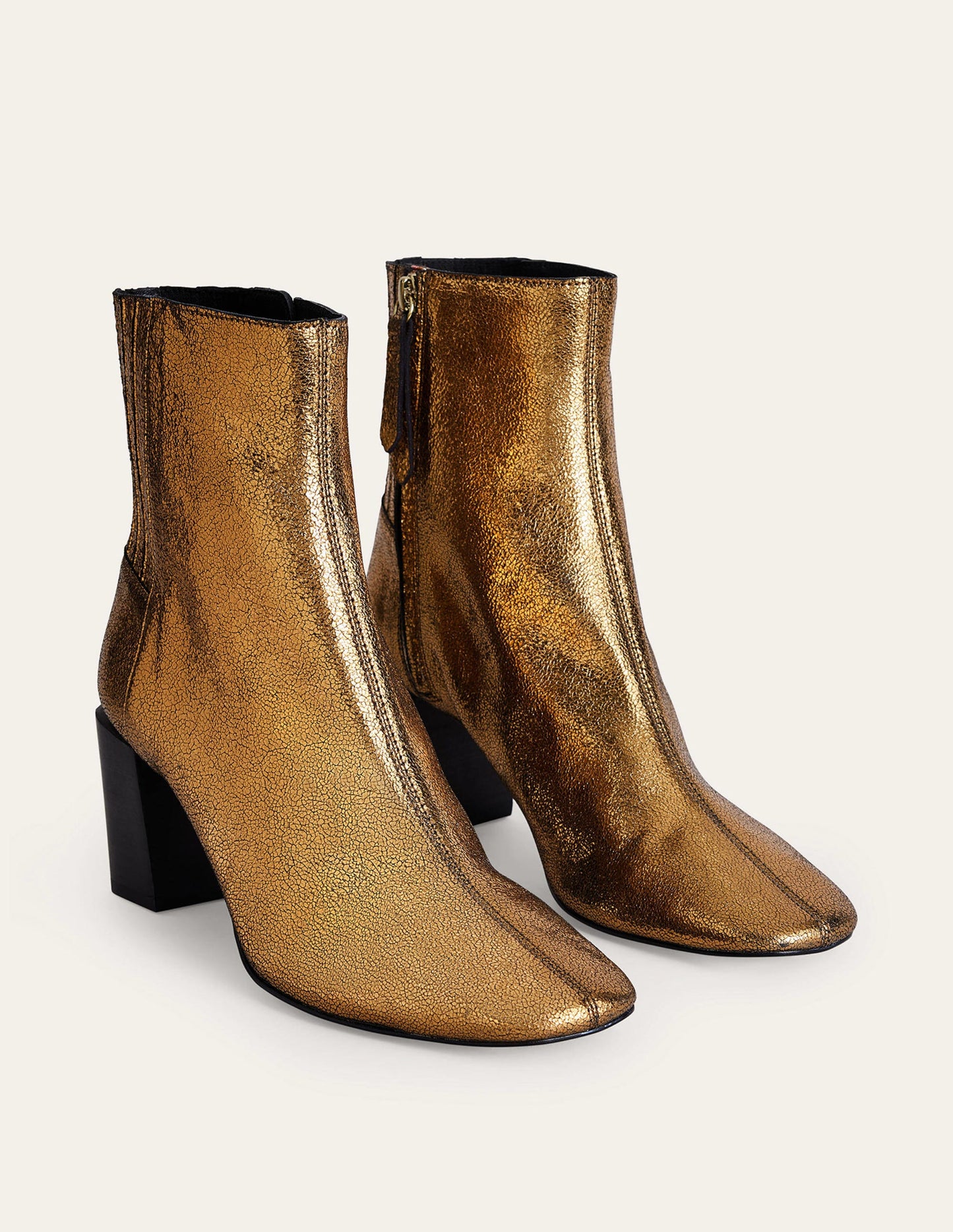 Block-Heel Leather Ankle Boots-Gold Crinkle metallic Leather