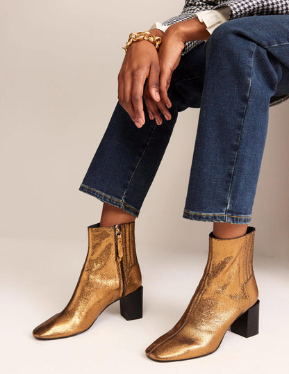Block-Heel Leather Ankle Boots-Gold Crinkle metallic Leather-1