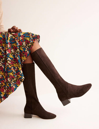 Cara Flat Stretch Knee Boots-Mahogany-1