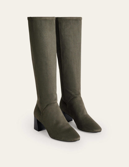 Cara Heeled Stretch Knee Boots-Dark Moss-3