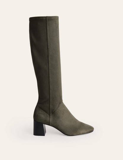 Cara Heeled Stretch Knee Boots-Dark Moss-2
