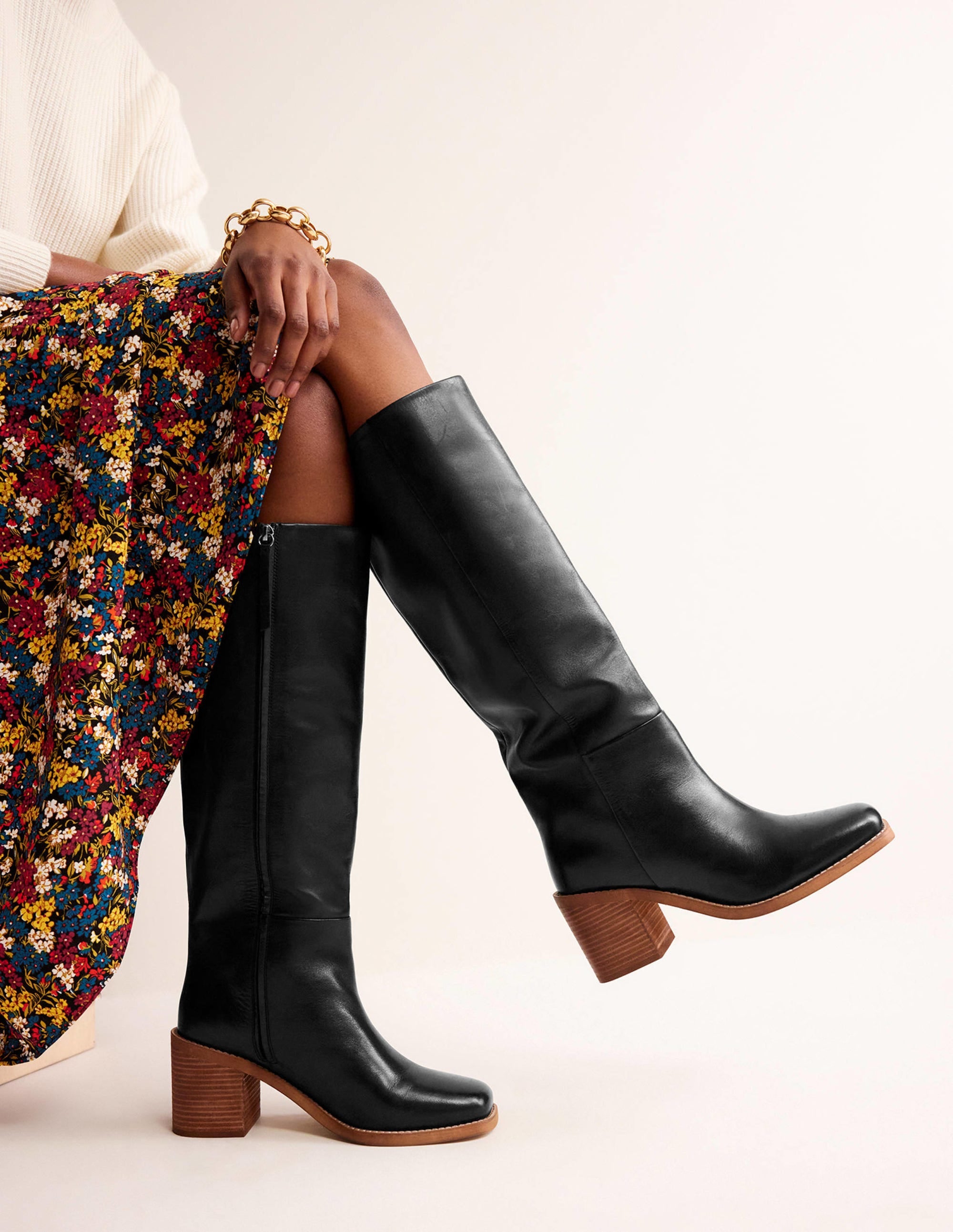 Straight Leather Knee Boots-Black - Image 1