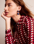Embellished Flower Earrings-Red/Blue