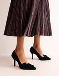 Suede-Bow Heeled Courts-Black Suede