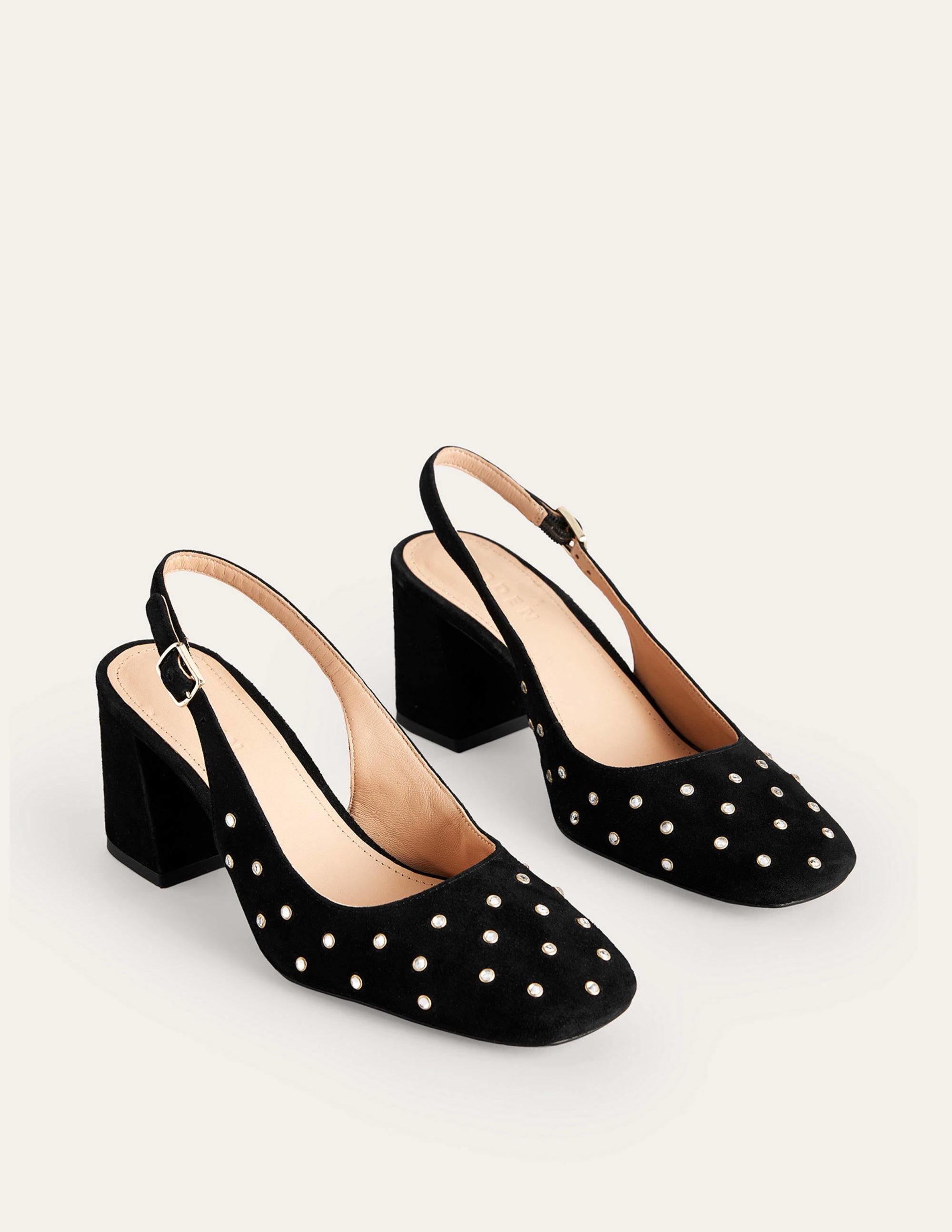 Slingback Mid-Heel Pumps-Black Suede, Crystals - Image 3
