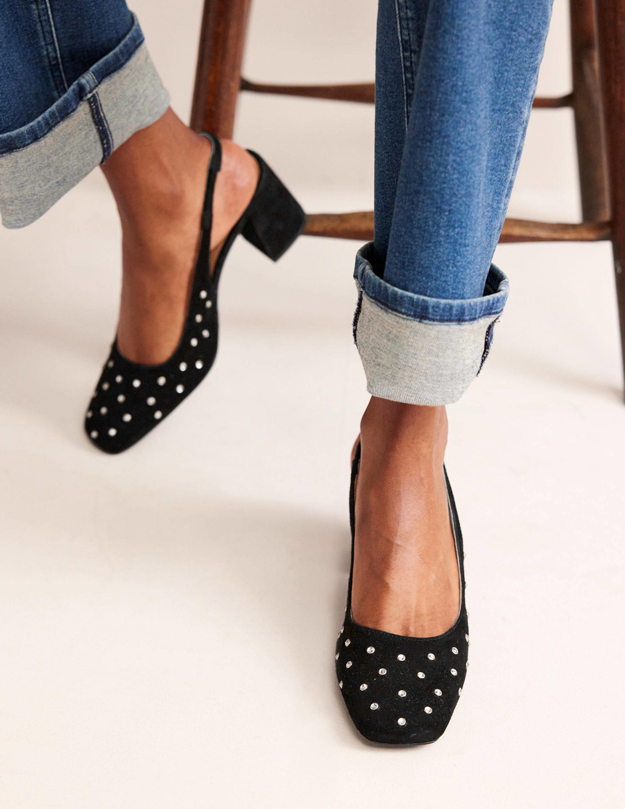Slingback Mid-Heel Pumps-Black Suede, Crystals - Image 1