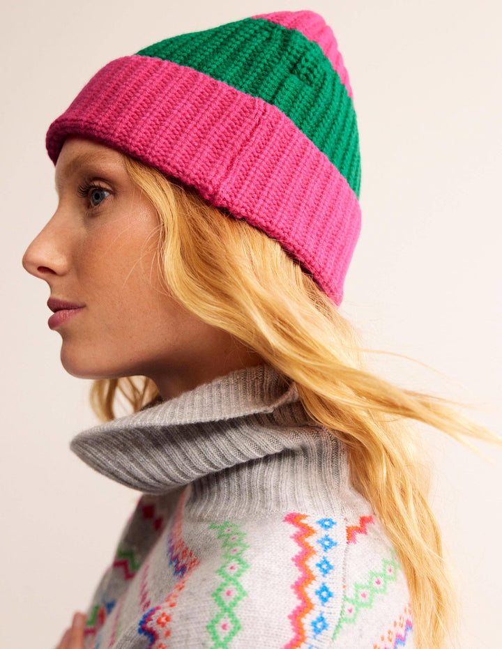 Colour Block Beanie Hat-Vibrant Pink/ Veridian Green