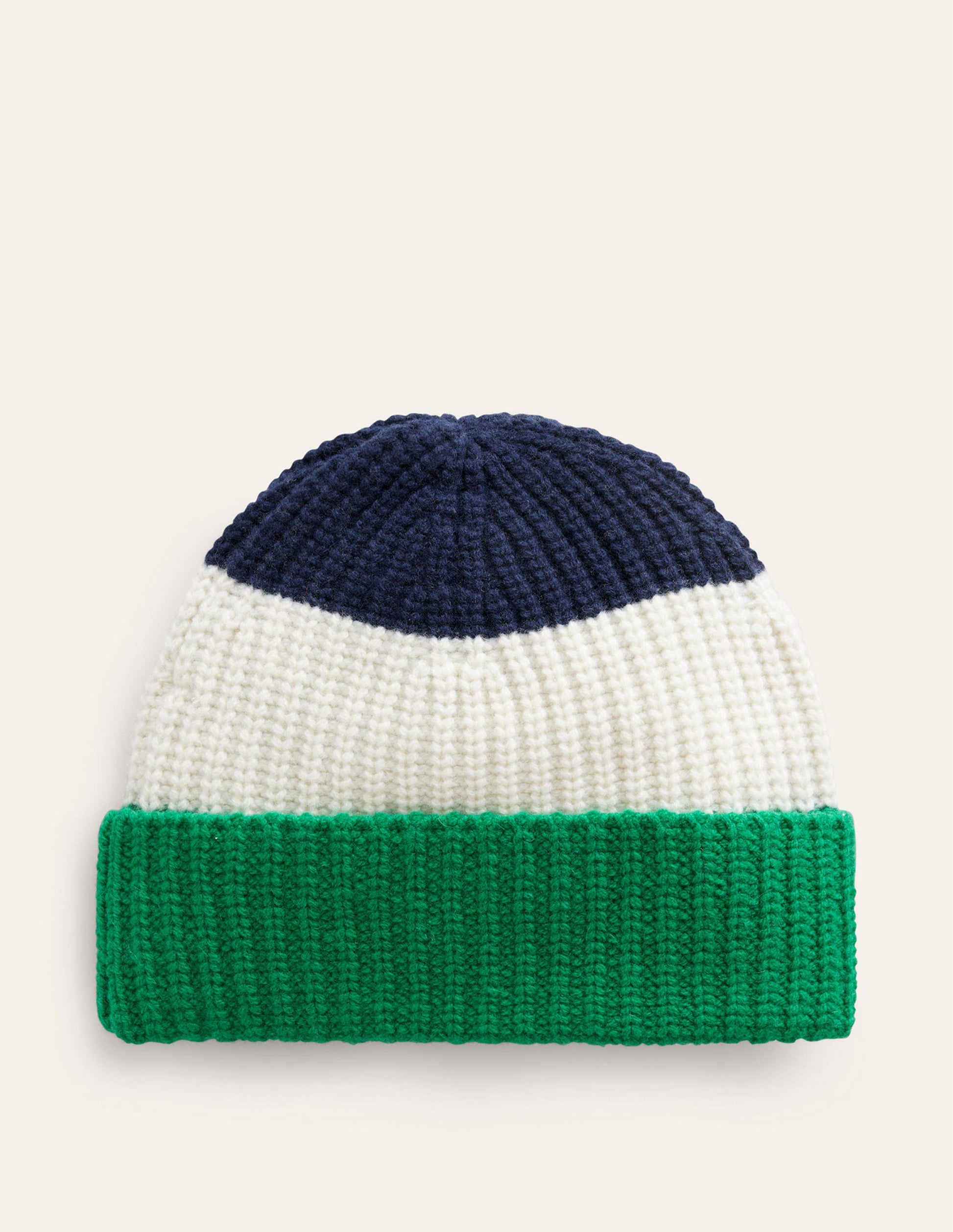 Colour Block Beanie Hat-Navy, Veridian Green and Ivory-2