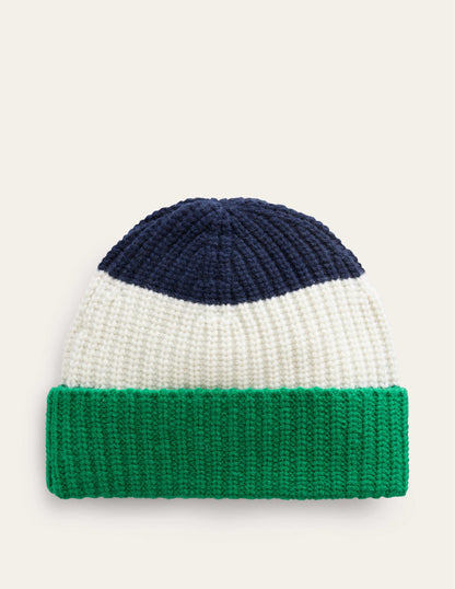 Colour Block Beanie Hat-Navy, Veridian Green and Ivory-2