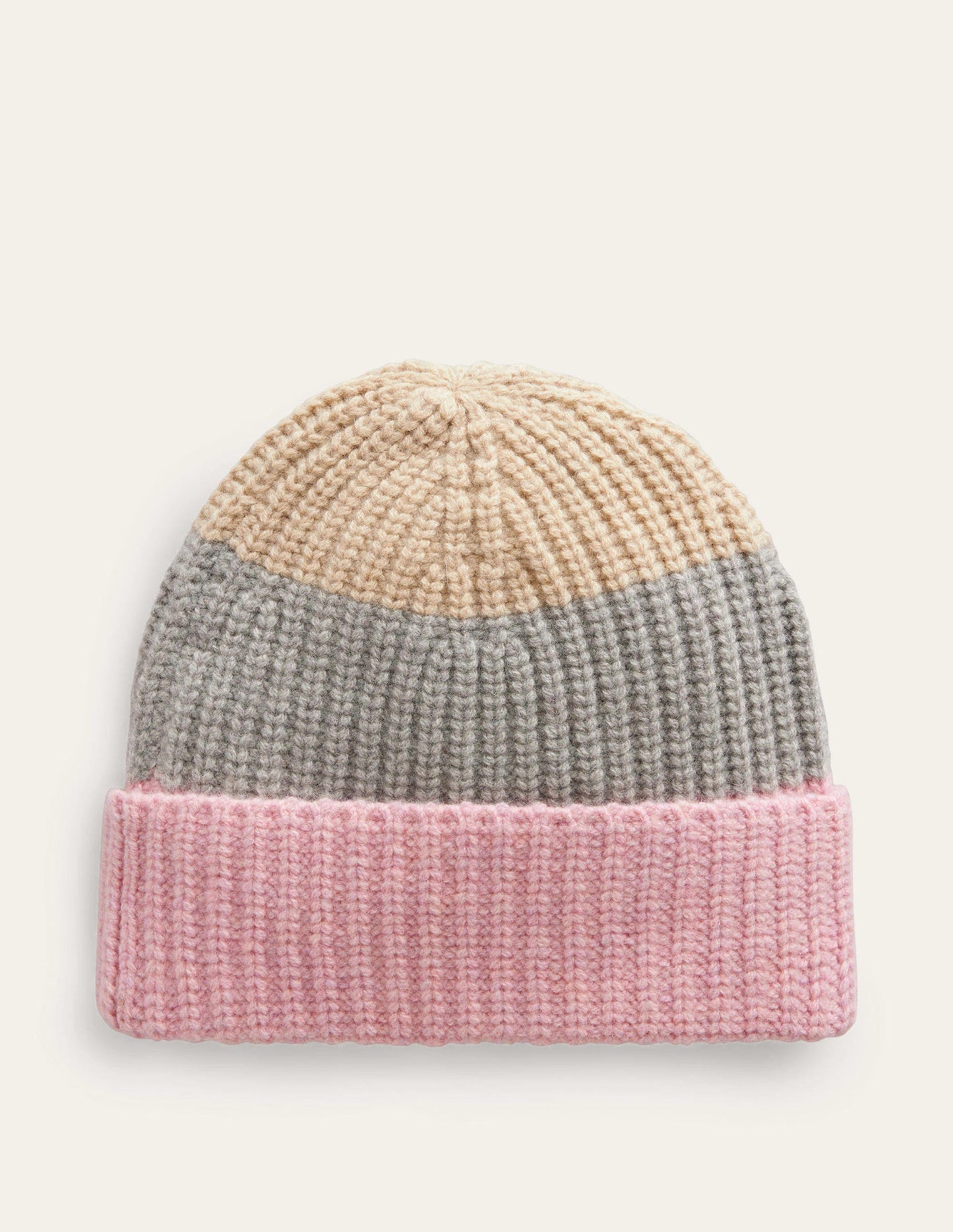 Colour Block Beanie Hat-Grey Marl, Pink and Ivory