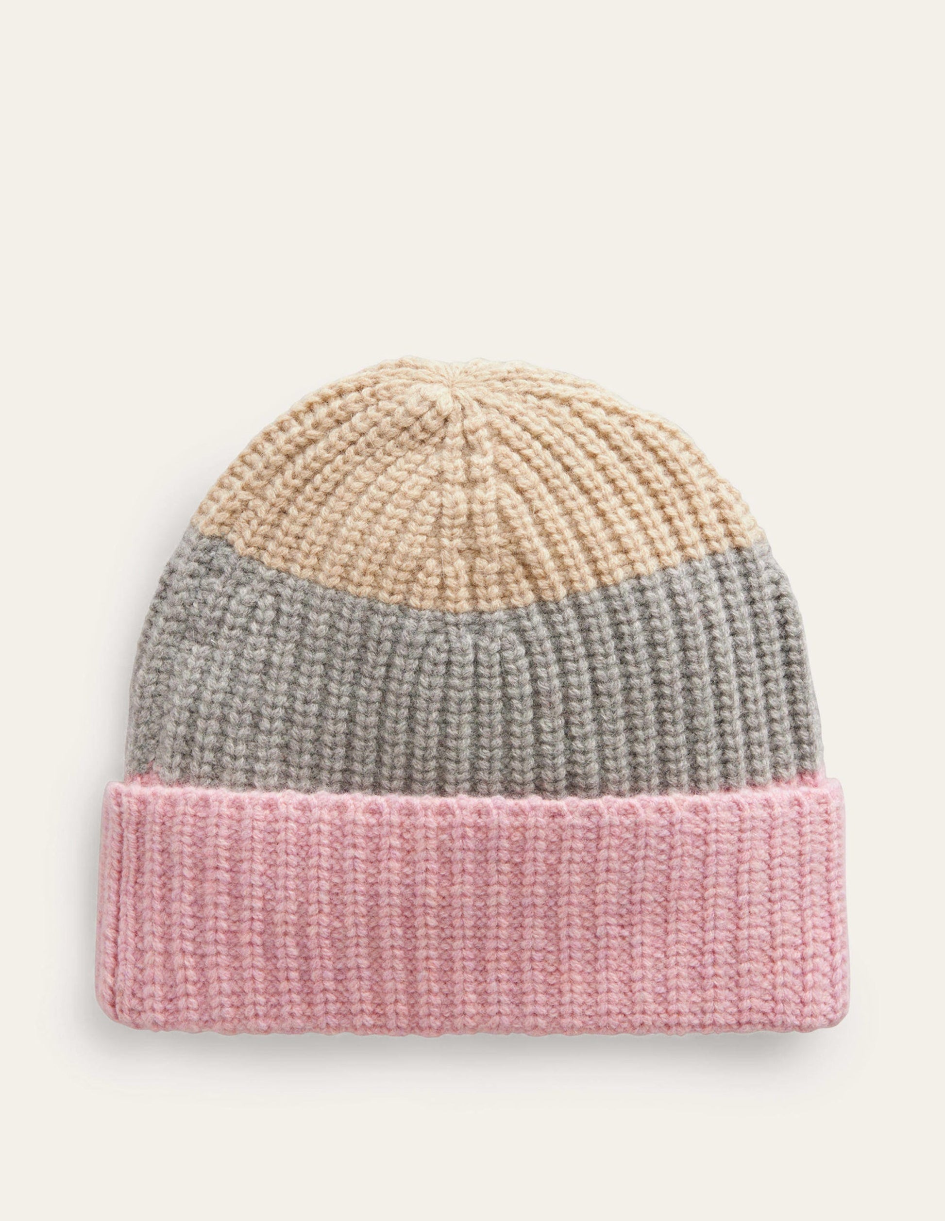 Colour Block Beanie Hat-Grey Marl, Pink and Ivory-2