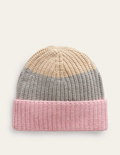 Colour Block Beanie Hat-Grey Marl, Pink and Ivory-2