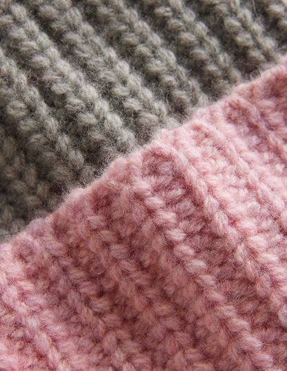 Colour Block Beanie Hat-Grey Marl, Pink and Ivory-3