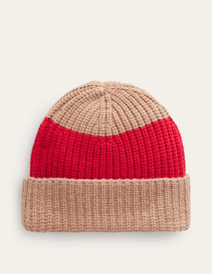 Colour Block Beanie Hat-Brilliant Red/ Camel-2