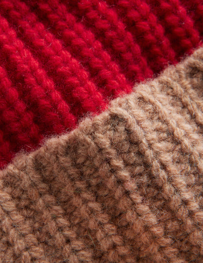 Colour Block Beanie Hat-Brilliant Red/ Camel-3