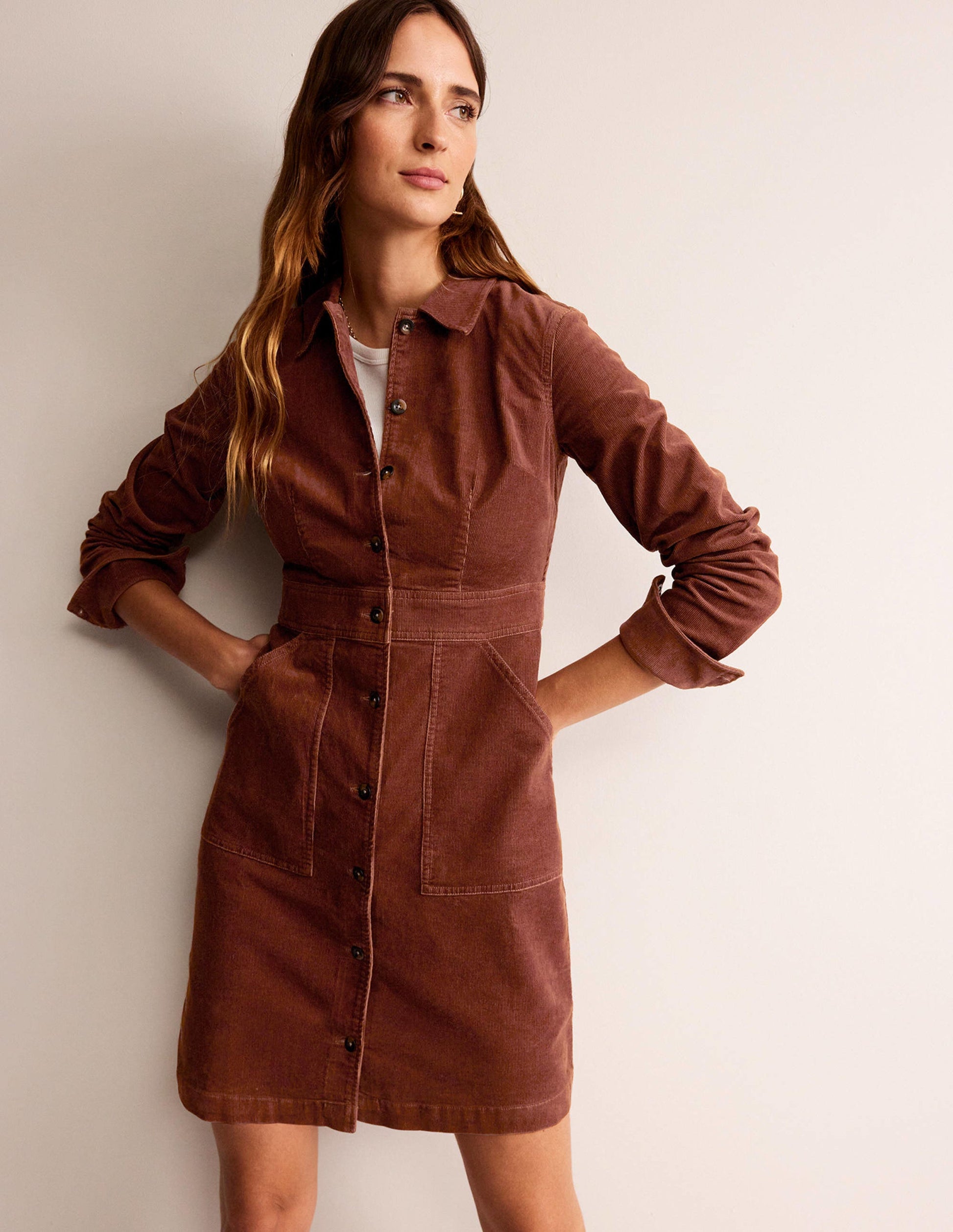Flora Cord Shirt Dress-Cognac-1